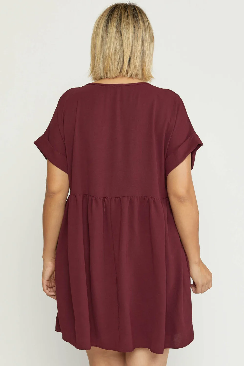 Solid Rolled Sleeve Basic Babydoll Dress in Plus Size by Entro Clothing