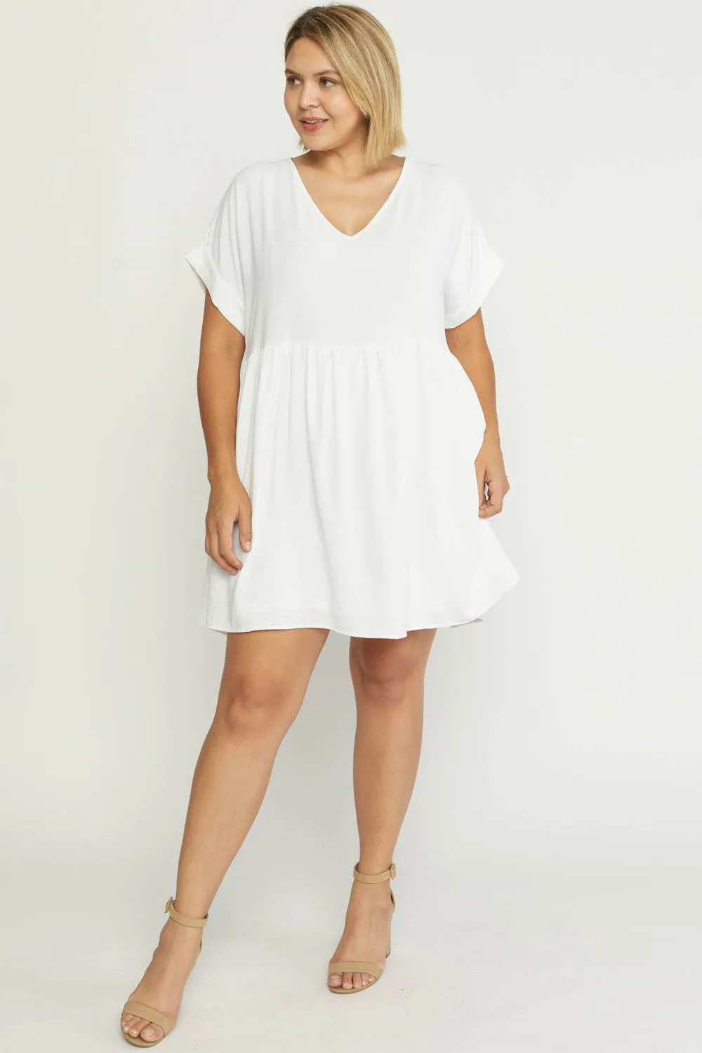 Solid Rolled Sleeve Basic Babydoll Dress in Plus Size by Entro Clothing