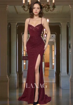 Spaghetti Straps Pleated Glitter-Knit Mermaid Prom Dress V-Neck Sleeveless High Slit Party Gowns