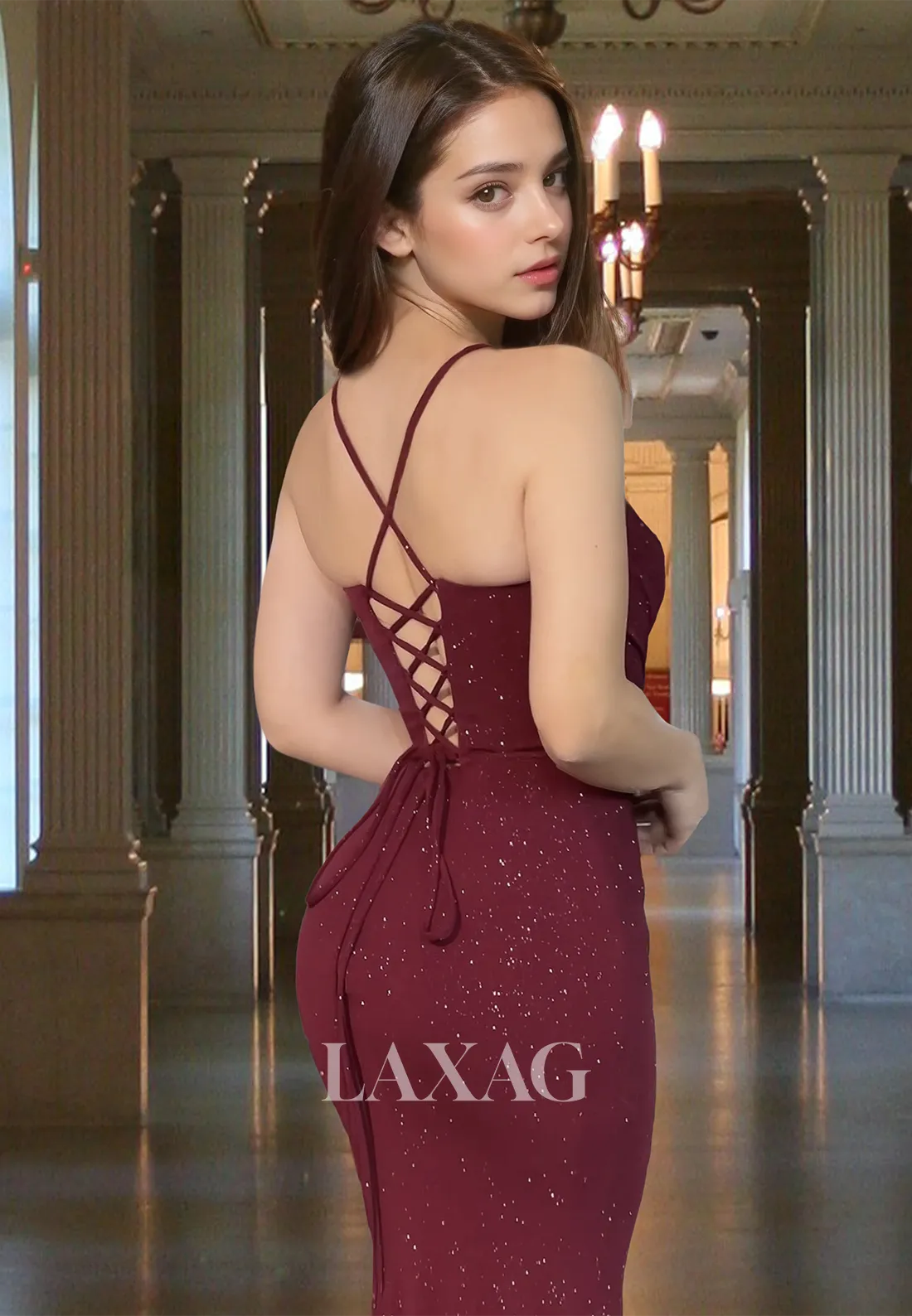 Spaghetti Straps Pleated Glitter-Knit Mermaid Prom Dress V-Neck Sleeveless High Slit Party Gowns