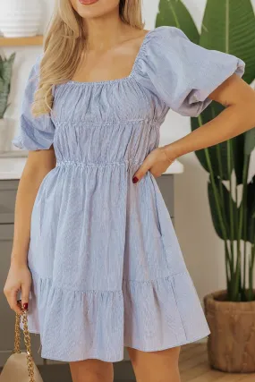 Striped Bubble Sleeve Ruched Babydoll Dress