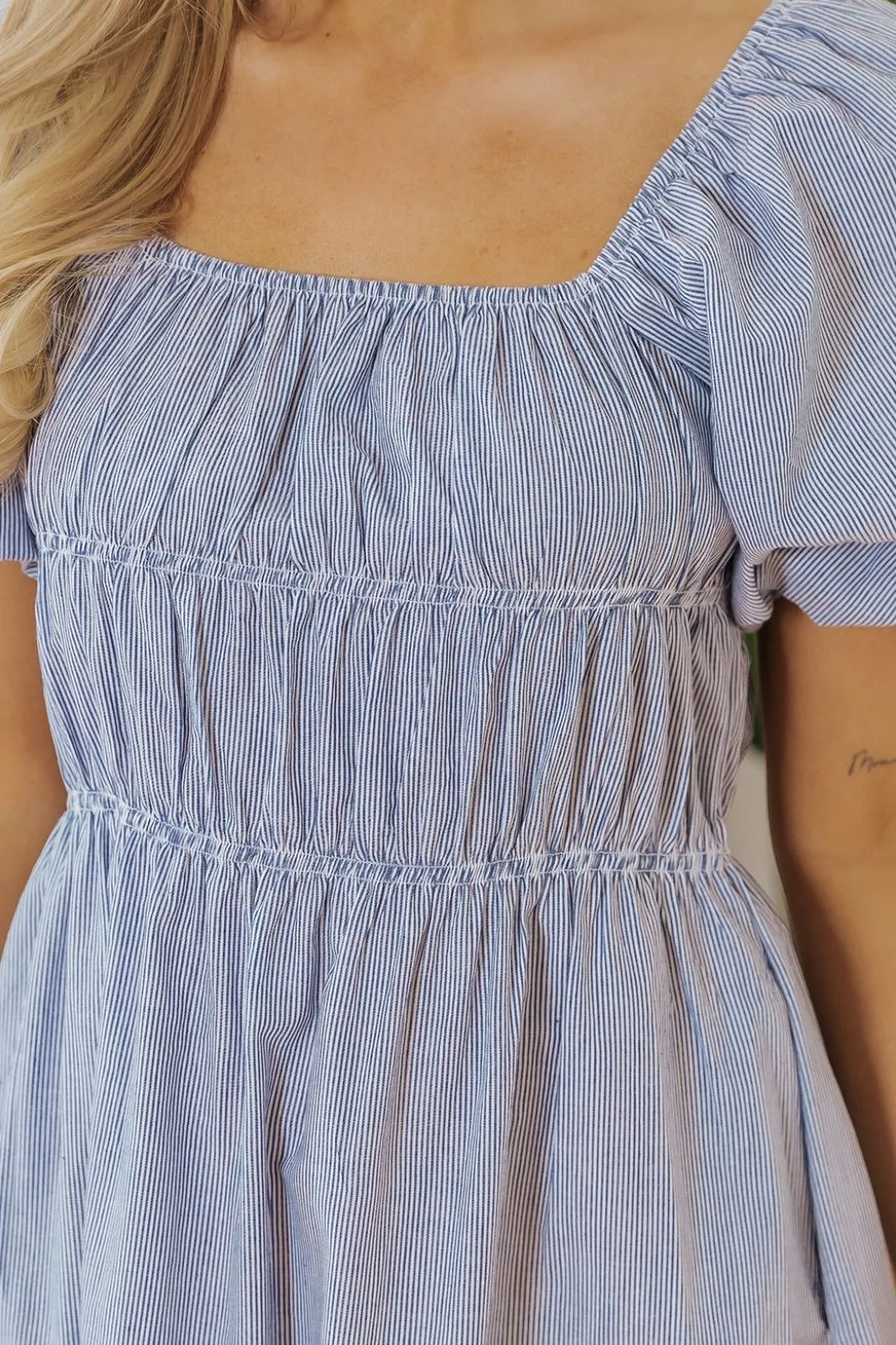 Striped Bubble Sleeve Ruched Babydoll Dress