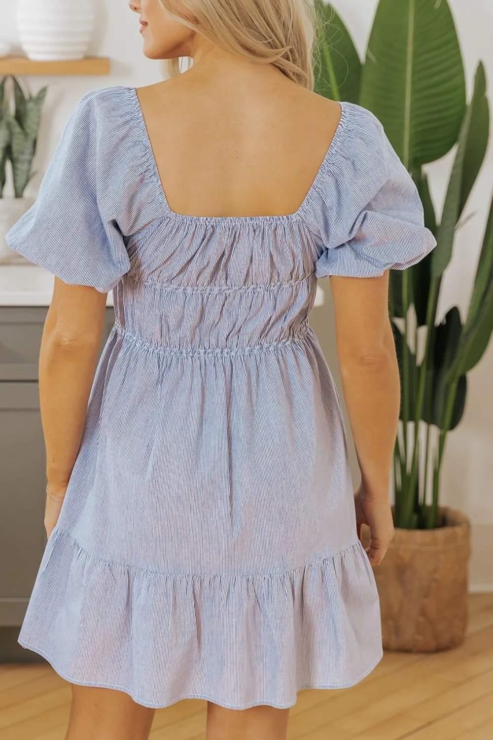 Striped Bubble Sleeve Ruched Babydoll Dress