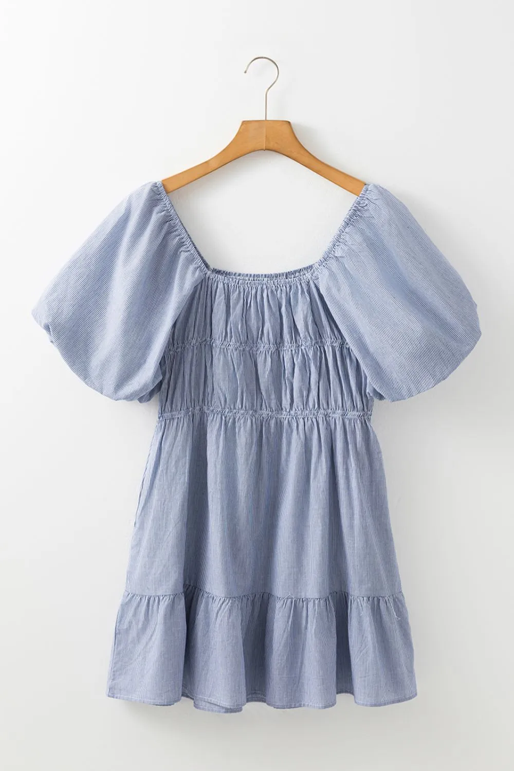 Striped Bubble Sleeve Ruched Babydoll Dress