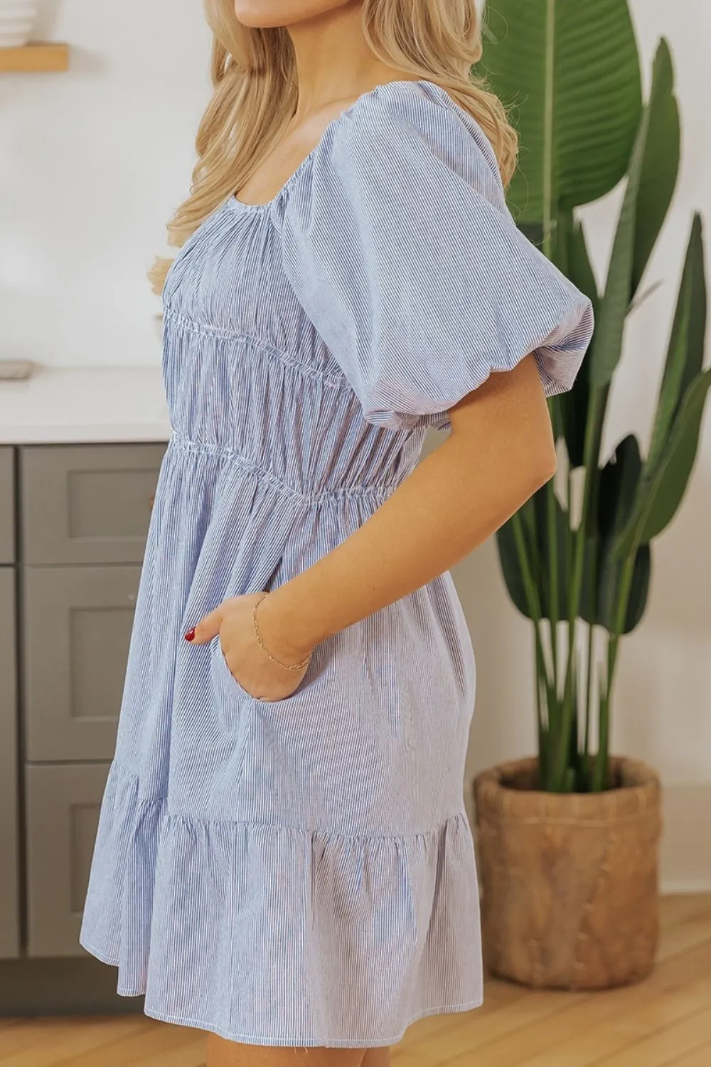 Striped Bubble Sleeve Ruched Babydoll Dress