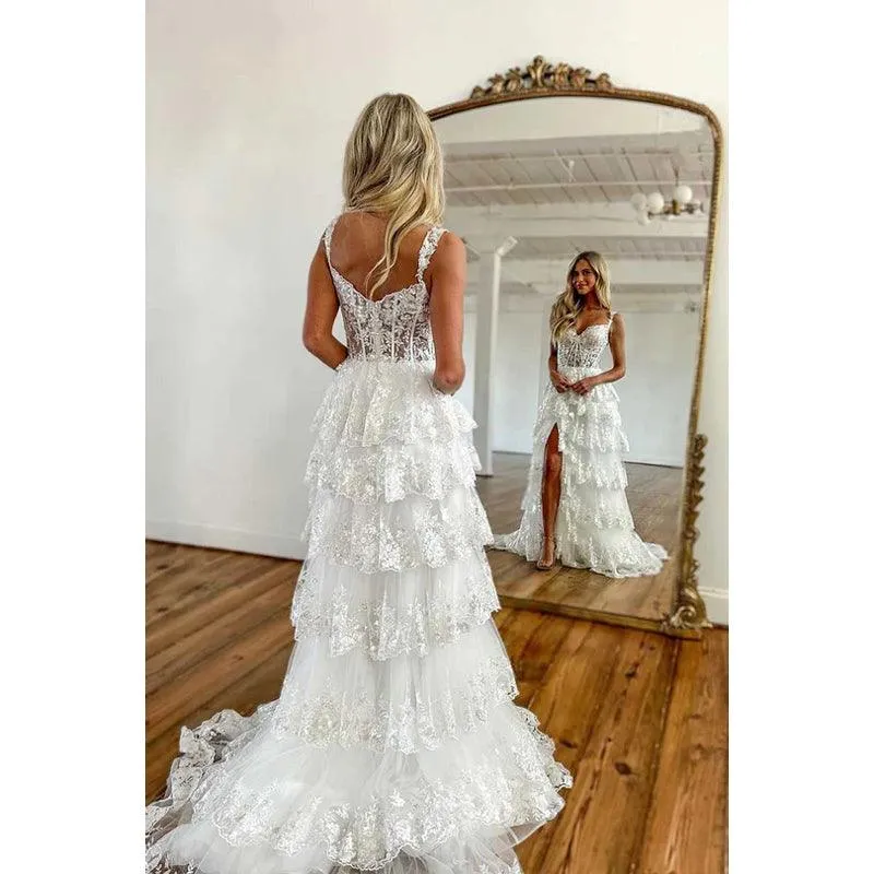 Sweetheart Lace Appliqued A-Line Long Prom Dress With Slit