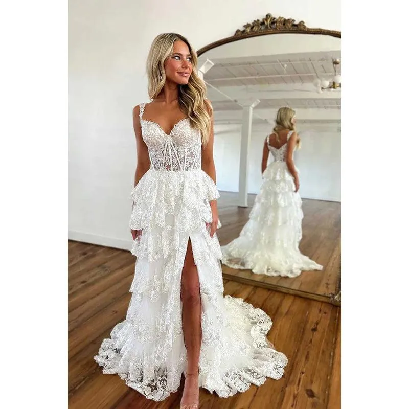 Sweetheart Lace Appliqued A-Line Long Prom Dress With Slit