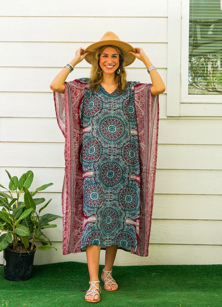 Teal Burgundy Mandala Kimono Kaftan Dress