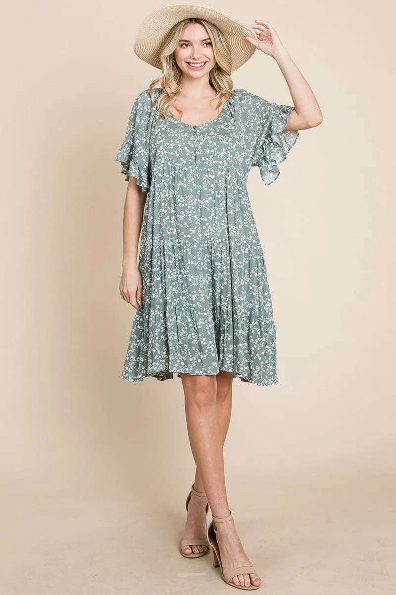 Tiered Floral Printed Flutter Short Sleeve Dress