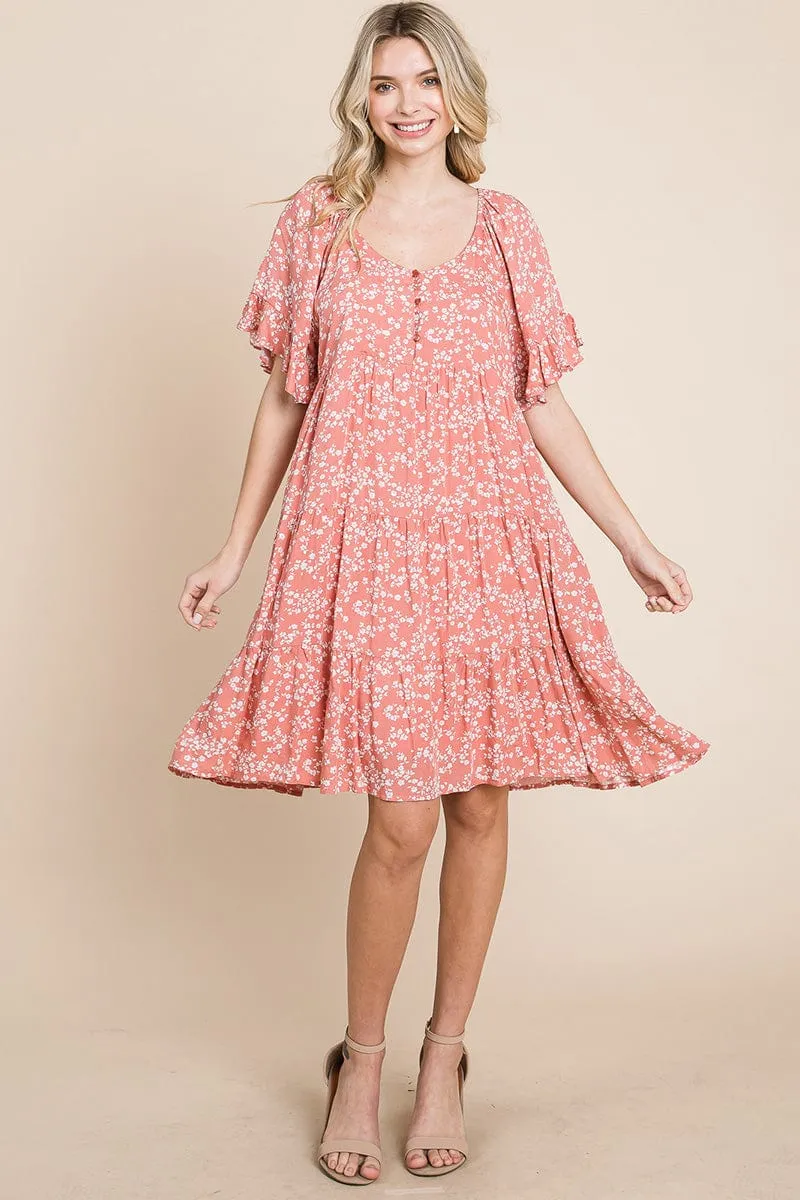 Tiered Floral Printed Flutter Short Sleeve Dress