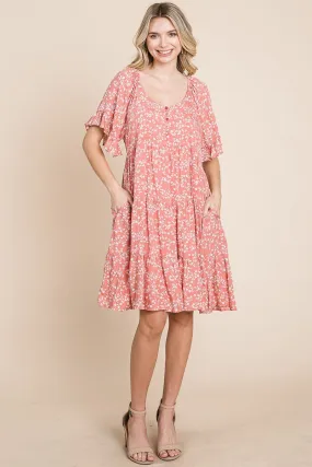 Tiered Floral Printed Flutter Short Sleeve Dress