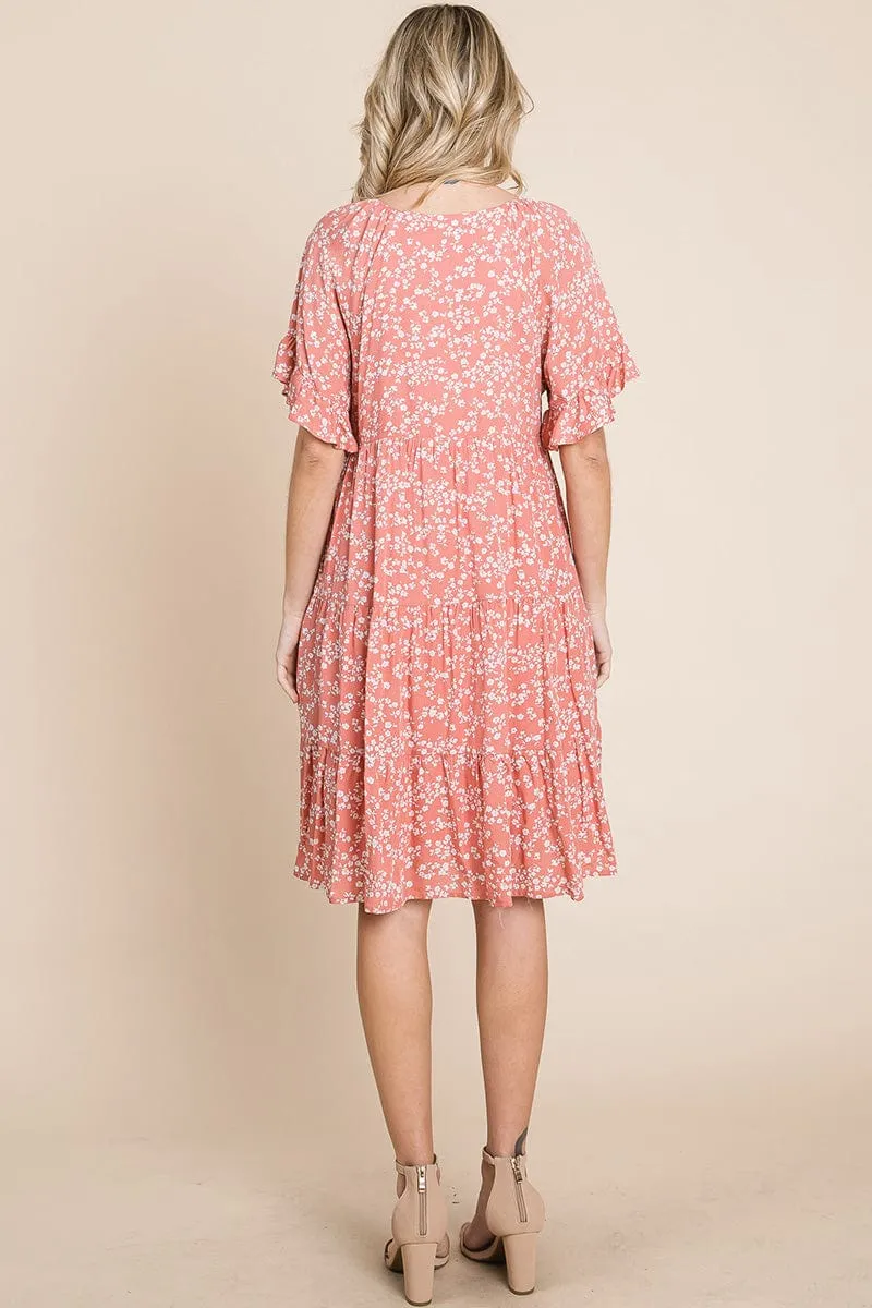 Tiered Floral Printed Flutter Short Sleeve Dress