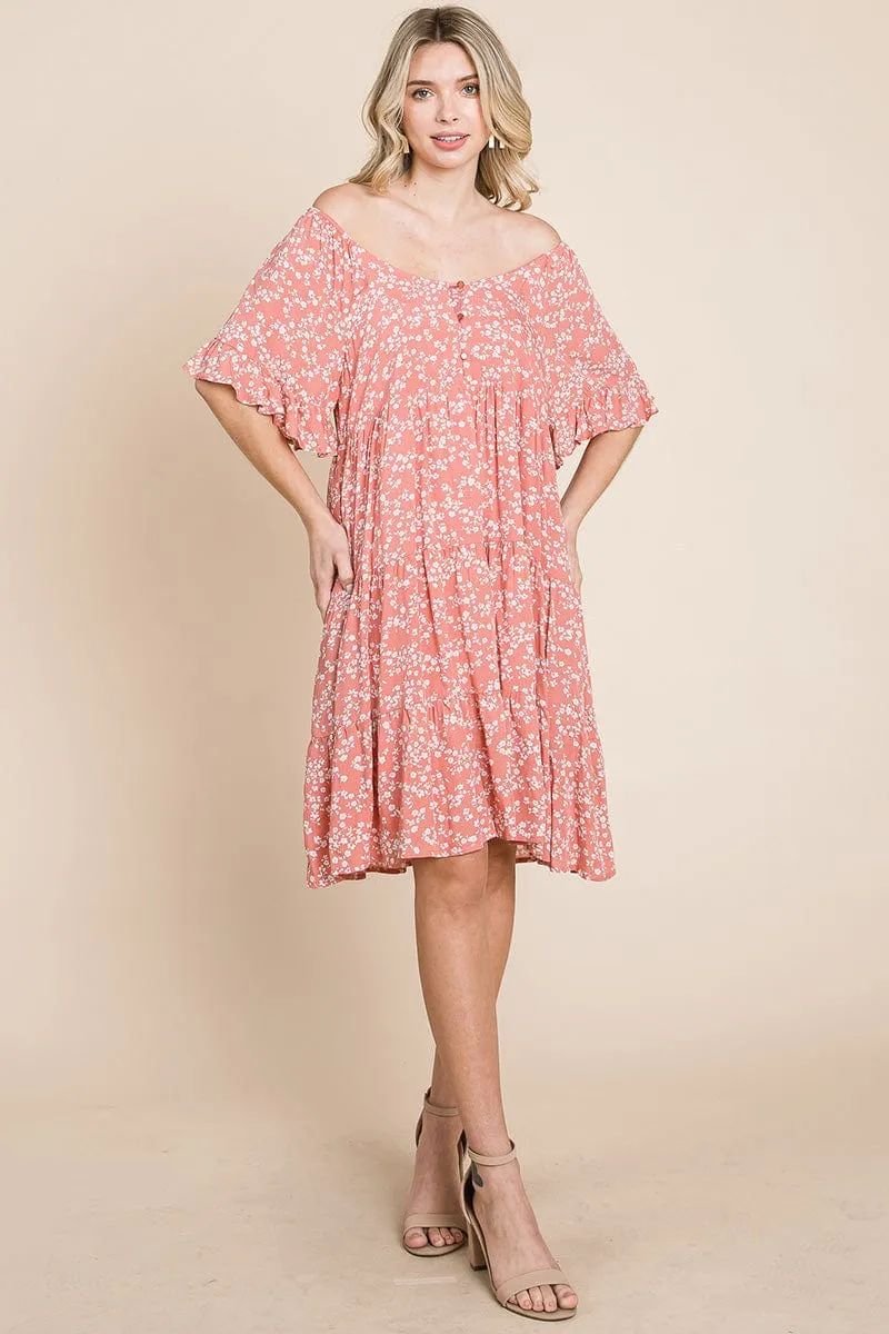 Tiered Floral Printed Flutter Short Sleeve Dress
