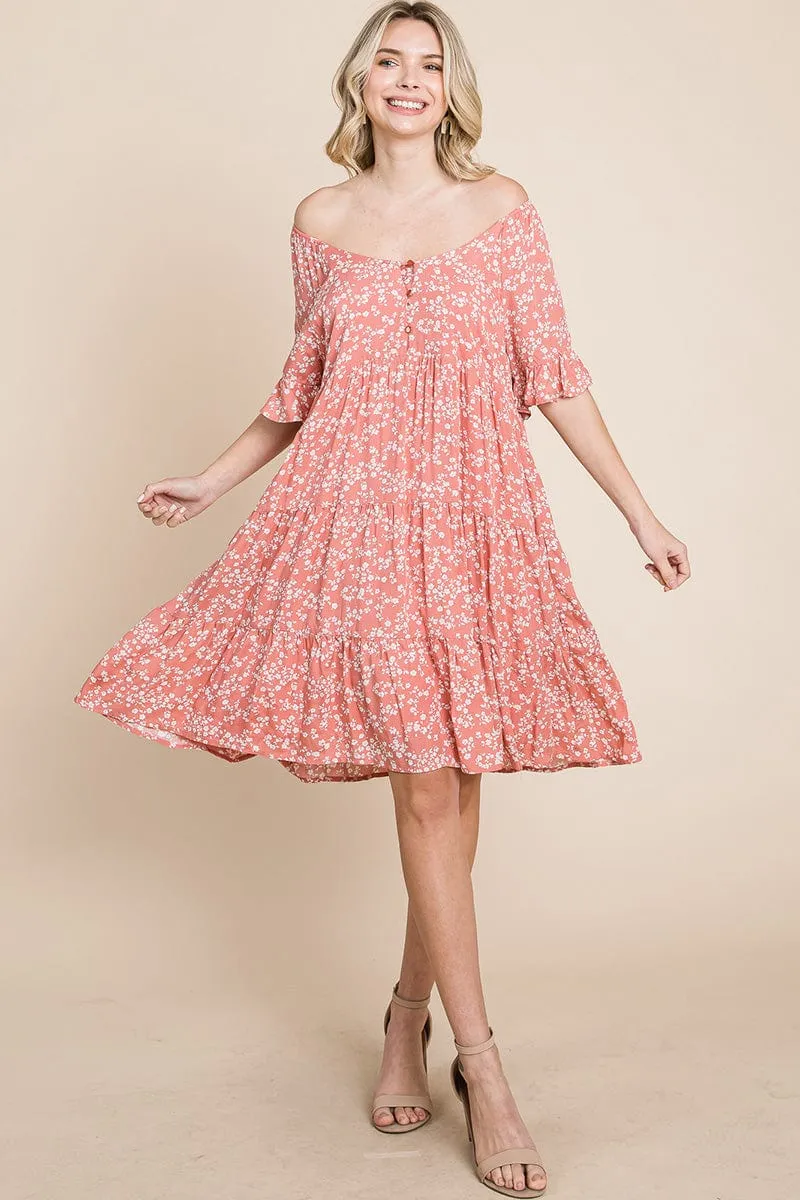 Tiered Floral Printed Flutter Short Sleeve Dress