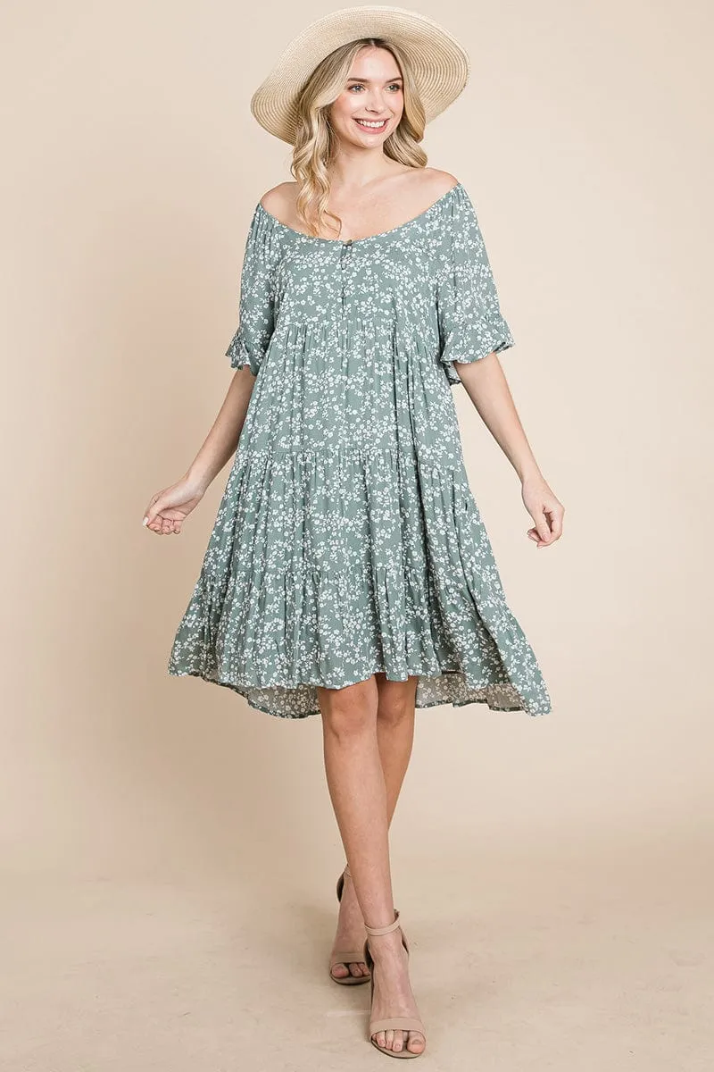 Tiered Floral Printed Flutter Short Sleeve Dress