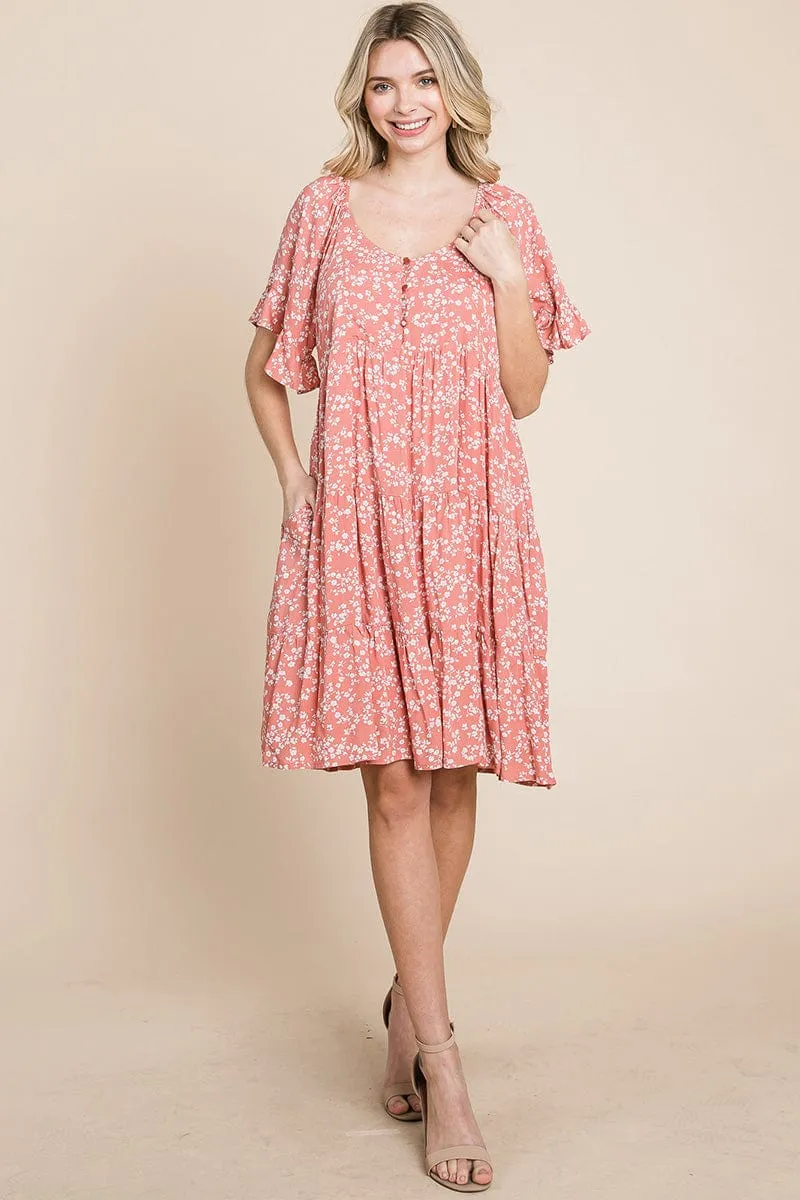 Tiered Floral Printed Flutter Short Sleeve Dress