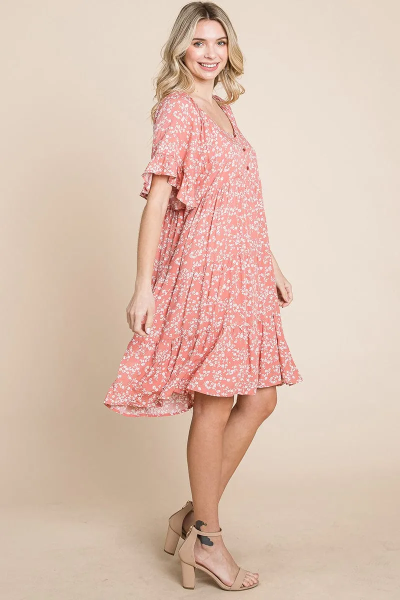 Tiered Floral Printed Flutter Short Sleeve Dress