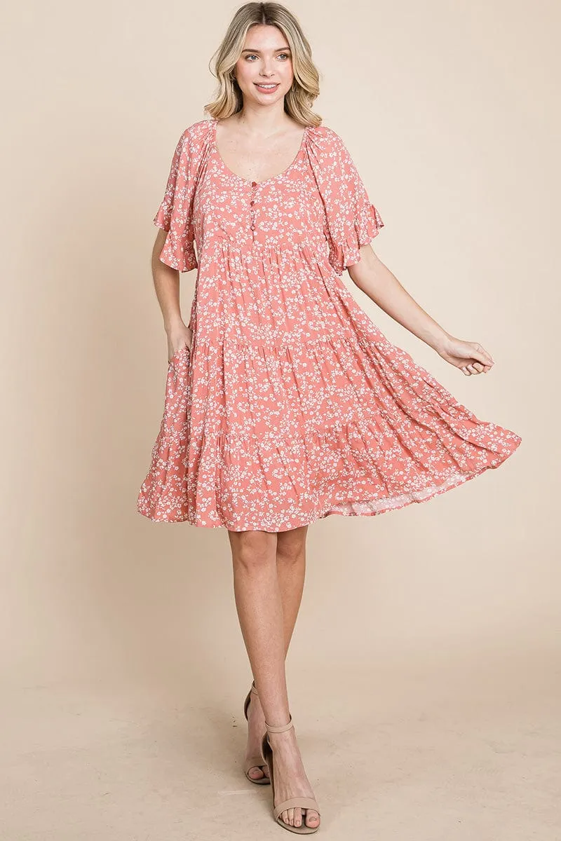 Tiered Floral Printed Flutter Short Sleeve Dress