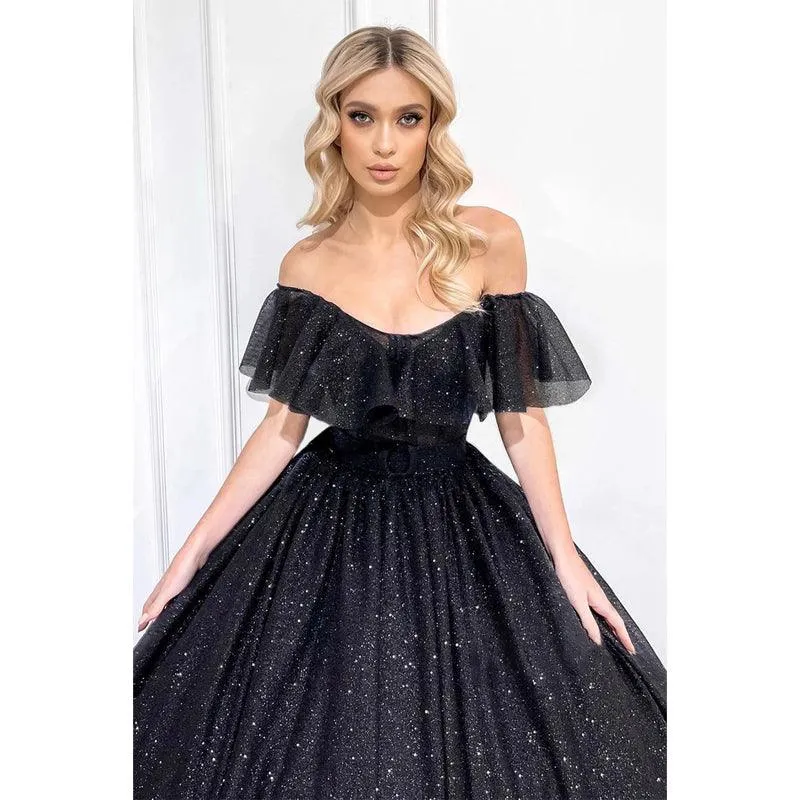 Unique Off The Shoulder Black Sparkly Prom Ball Gown