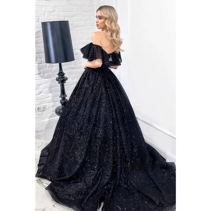 Unique Off The Shoulder Black Sparkly Prom Ball Gown