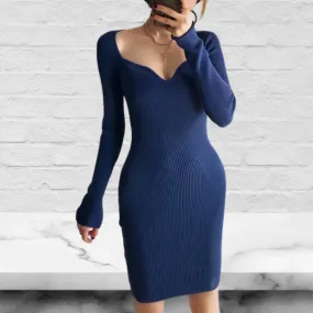 V Neck Ribbed Knit Long Sleeve Mini Dress