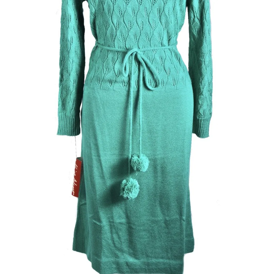 Vintage Green Sweater Dress Keith Adams Womens Large 16 Shell Stitch NWT Acrylic