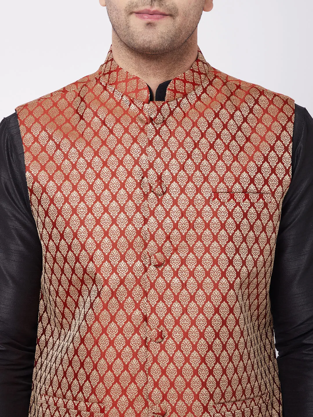 VM BY VASTRAMAY Men's Black Silk Blend Kurta And Dhoti With Maroon Woven Nehru Jacket