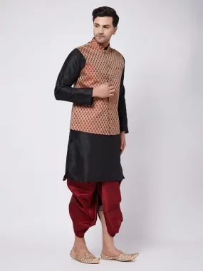 VM BY VASTRAMAY Men's Black Silk Blend Kurta And Dhoti With Maroon Woven Nehru Jacket