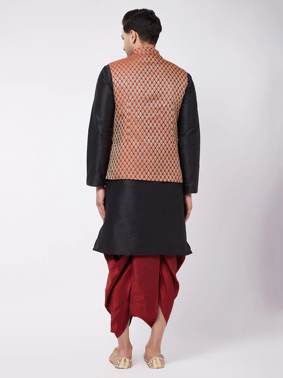 VM BY VASTRAMAY Men's Black Silk Blend Kurta And Dhoti With Maroon Woven Nehru Jacket
