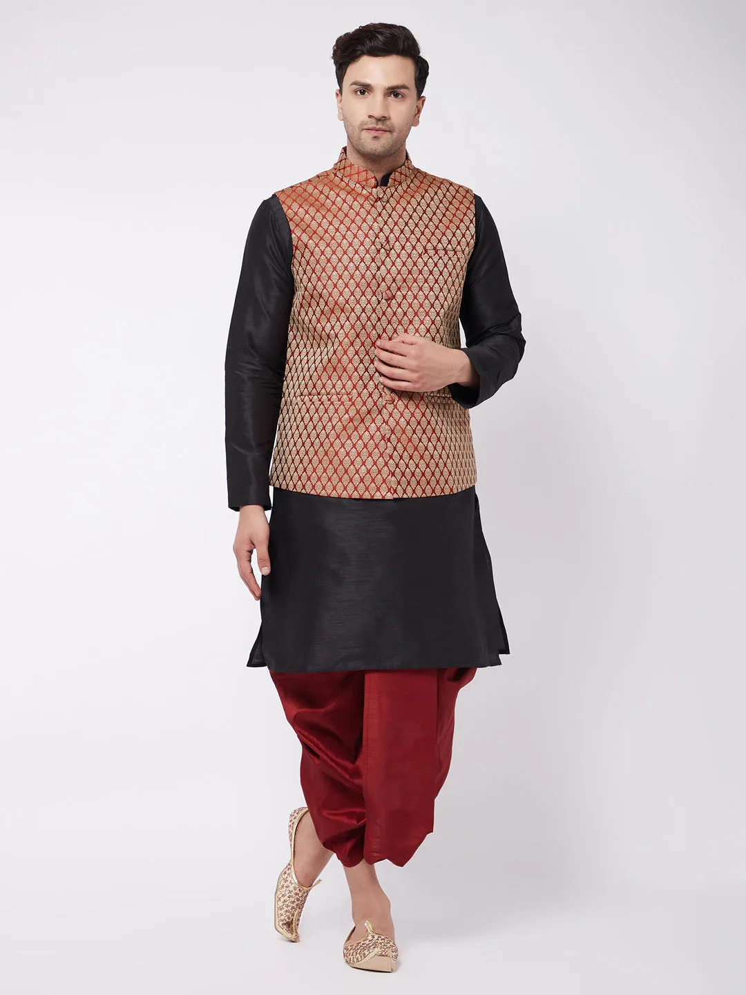VM BY VASTRAMAY Men's Black Silk Blend Kurta And Dhoti With Maroon Woven Nehru Jacket