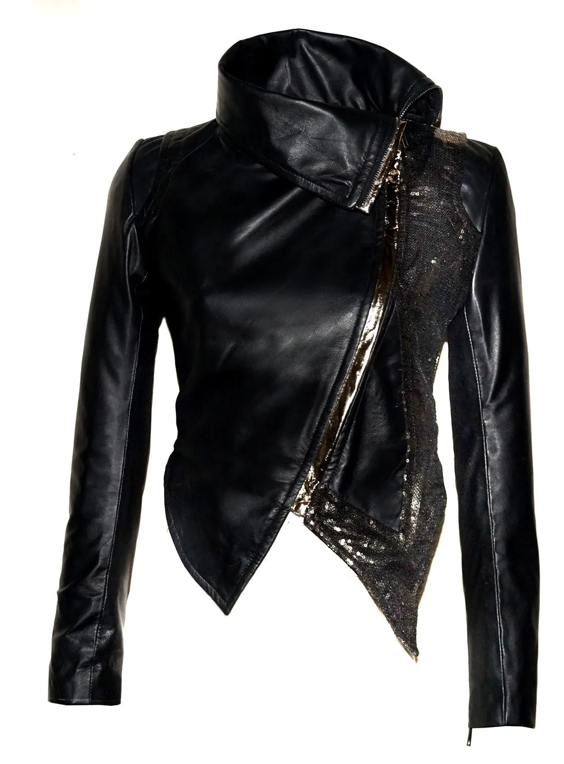 Women Leather Asymmetrical Soft Leather Jacket with High Neck Collars Embroidered