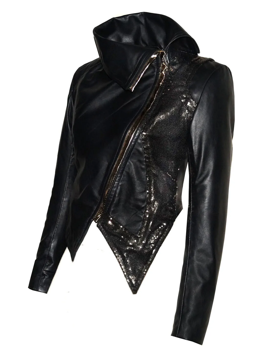 Women Leather Asymmetrical Soft Leather Jacket with High Neck Collars Embroidered