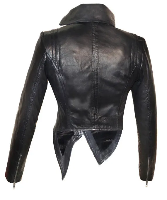 Women Leather Asymmetrical Soft Leather Jacket with High Neck Collars Embroidered