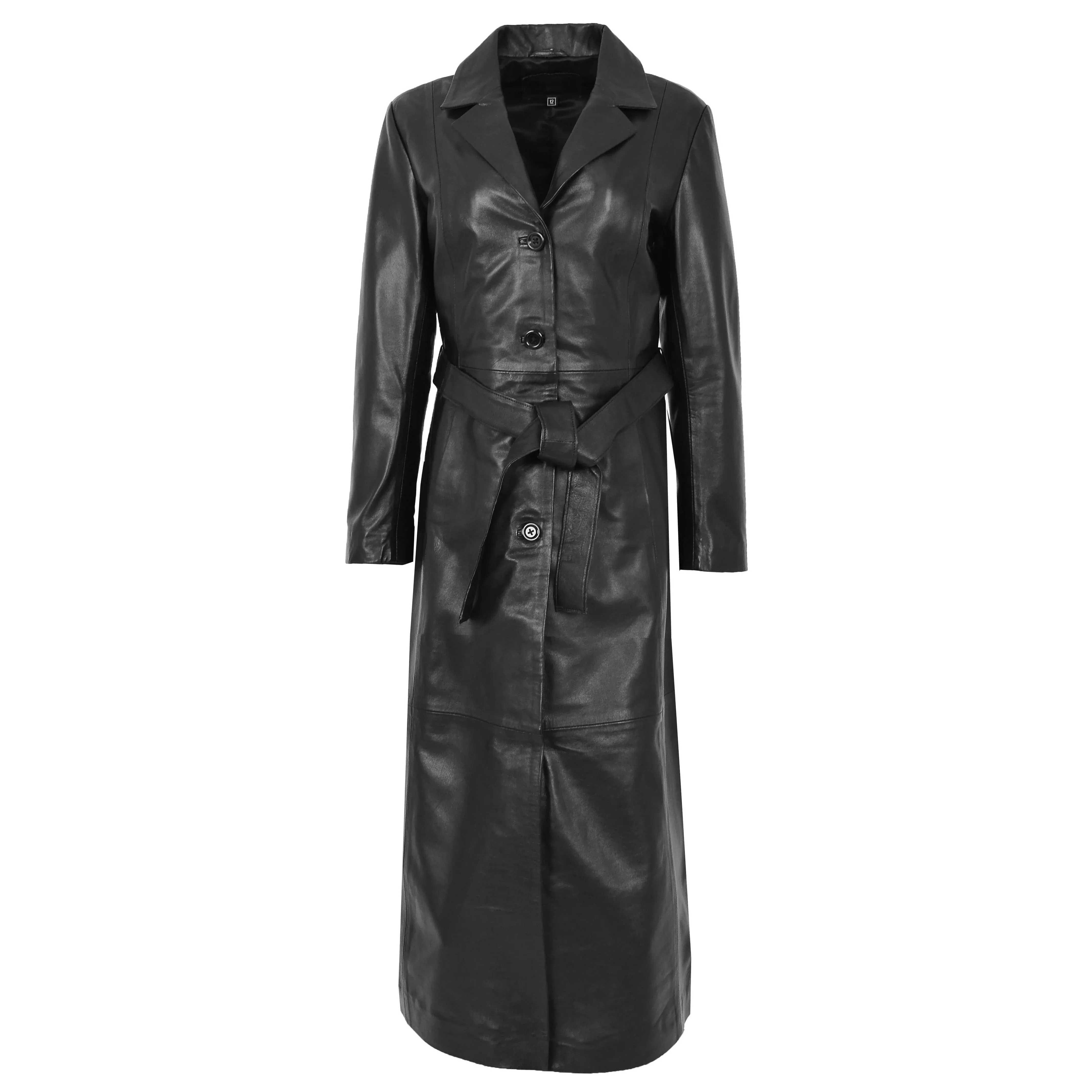 Women's Black Genuine Leather Long Coat Trench
