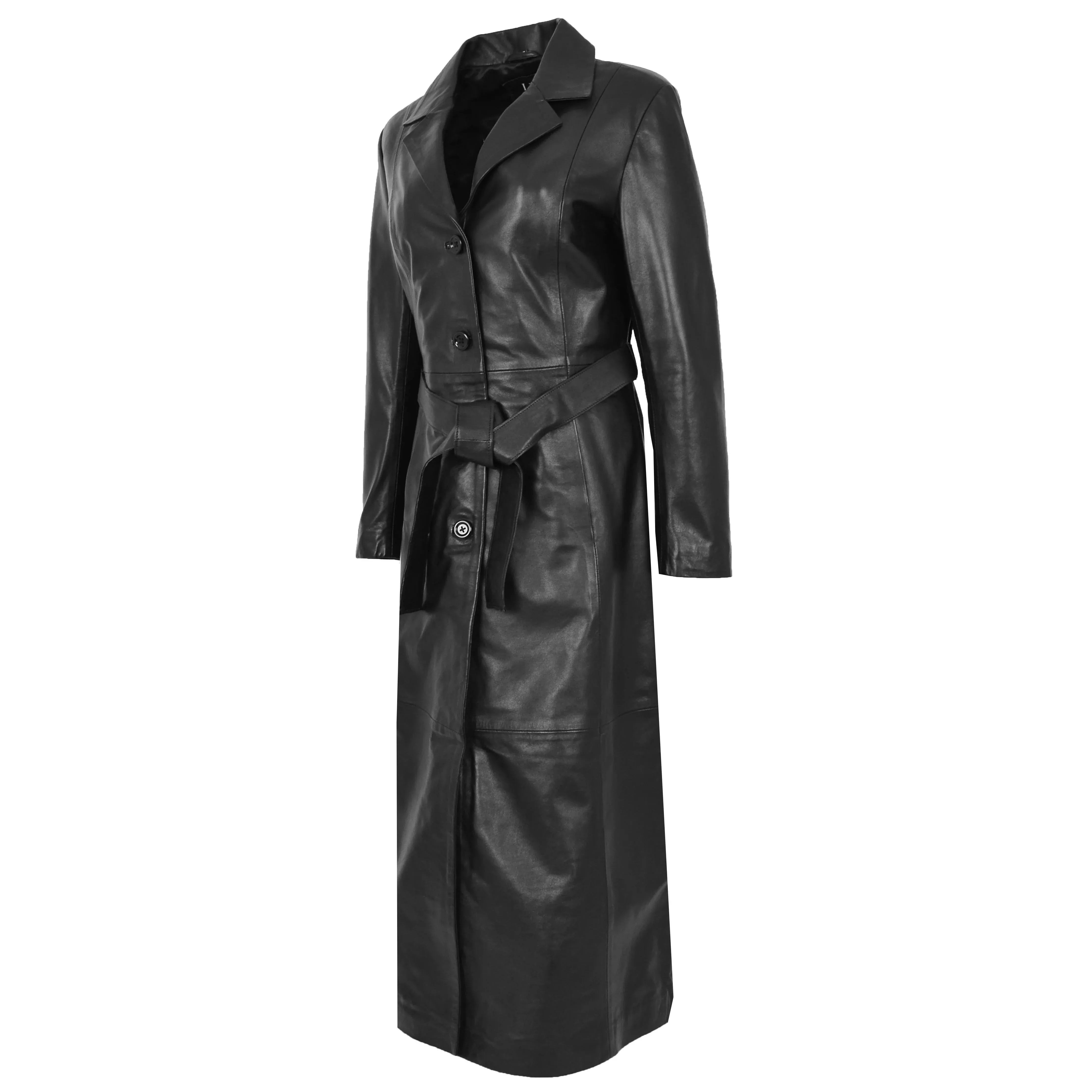 Women's Black Genuine Leather Long Coat Trench