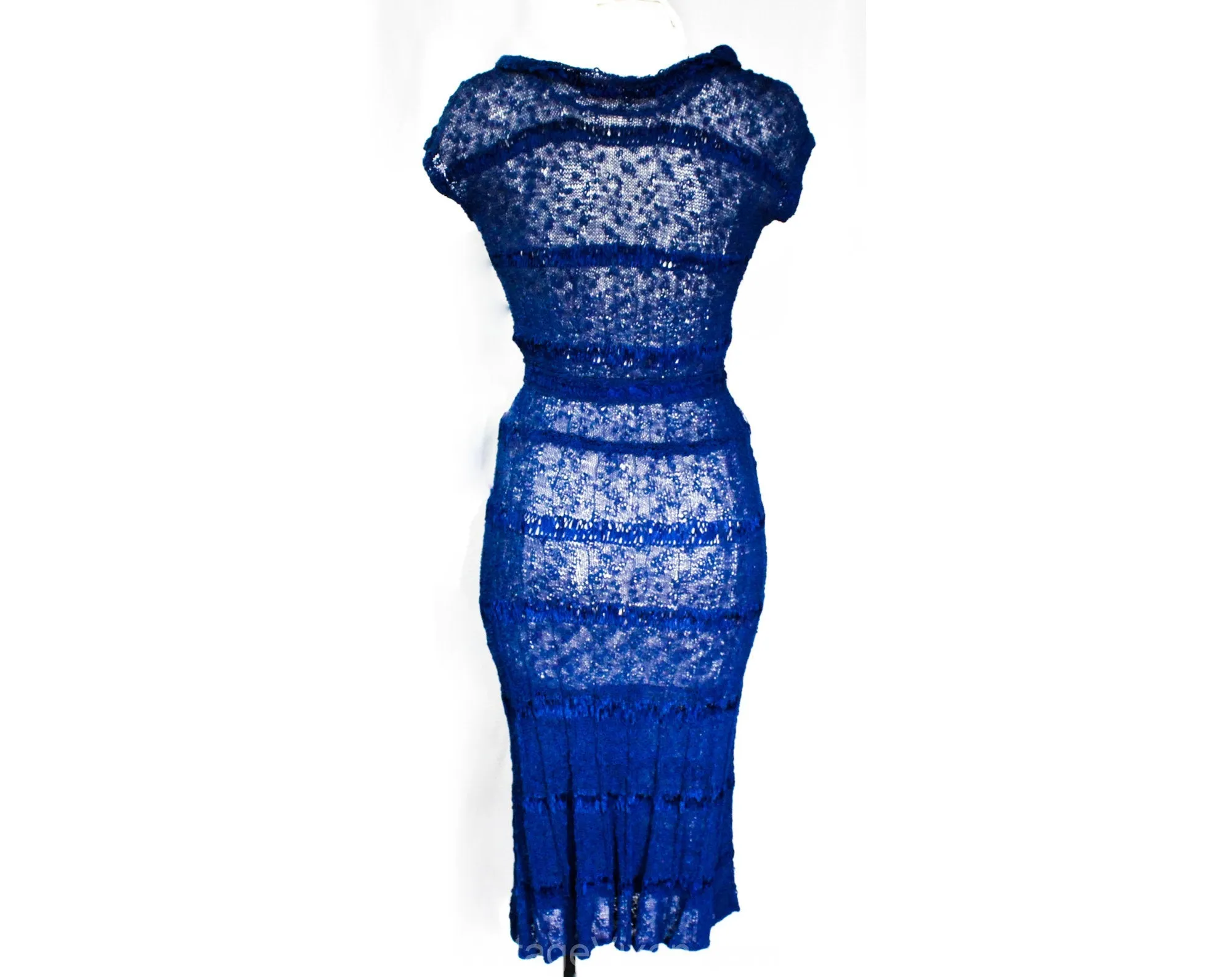 XS 1940s Cobalt Blue Dress - Gorgeous Sheer See-Through 40s 50s Rayon Knit - Ribbonwork Rhinestones & Beading - Long and Lean - Waist 24
