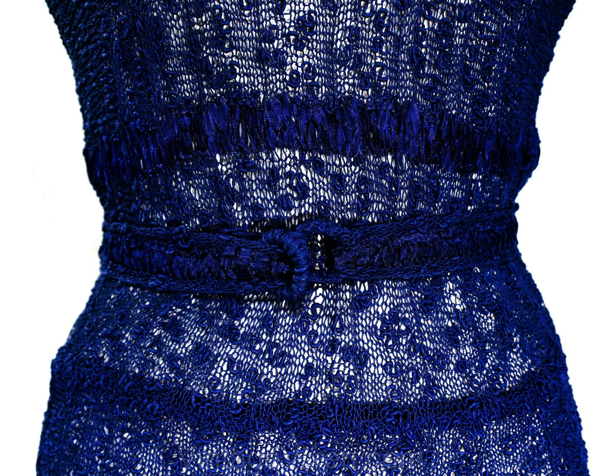 XS 1940s Cobalt Blue Dress - Gorgeous Sheer See-Through 40s 50s Rayon Knit - Ribbonwork Rhinestones & Beading - Long and Lean - Waist 24