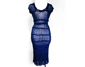 XS 1940s Cobalt Blue Dress - Gorgeous Sheer See-Through 40s 50s Rayon Knit - Ribbonwork Rhinestones & Beading - Long and Lean - Waist 24