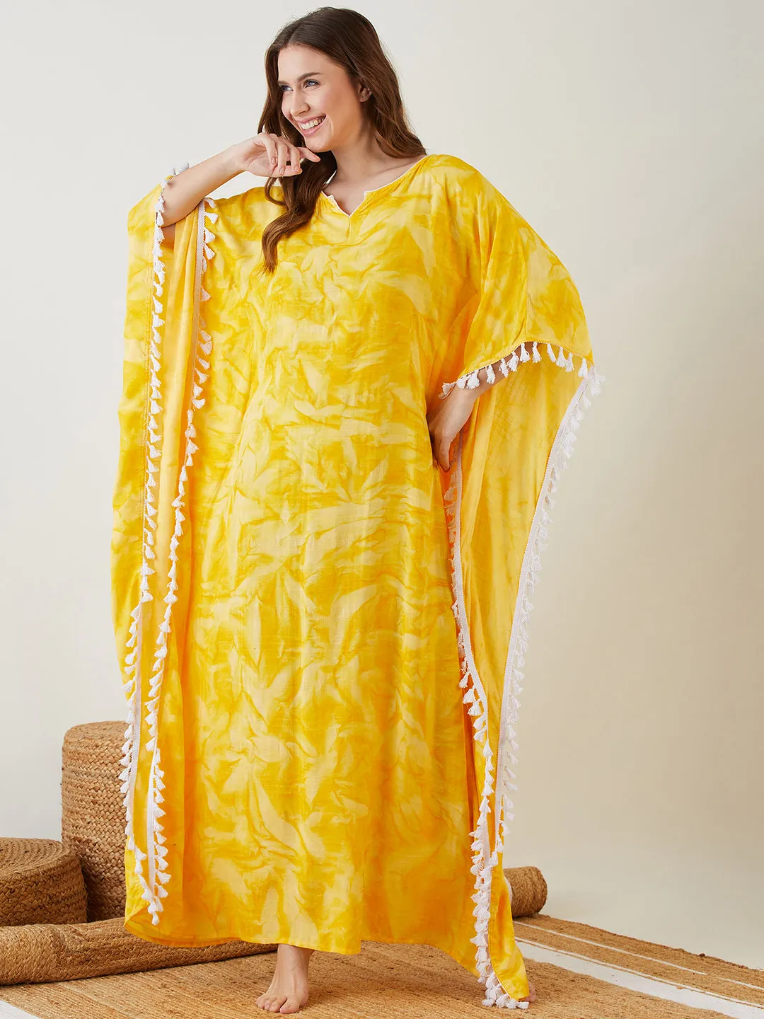 Yellow Tie-Dyed Fringed Kaftan