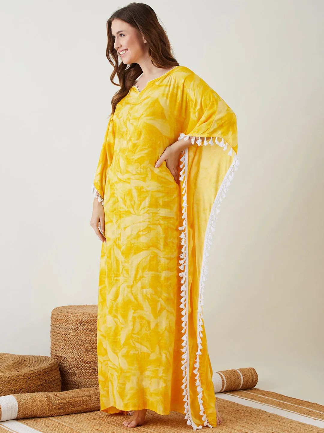 Yellow Tie-Dyed Fringed Kaftan