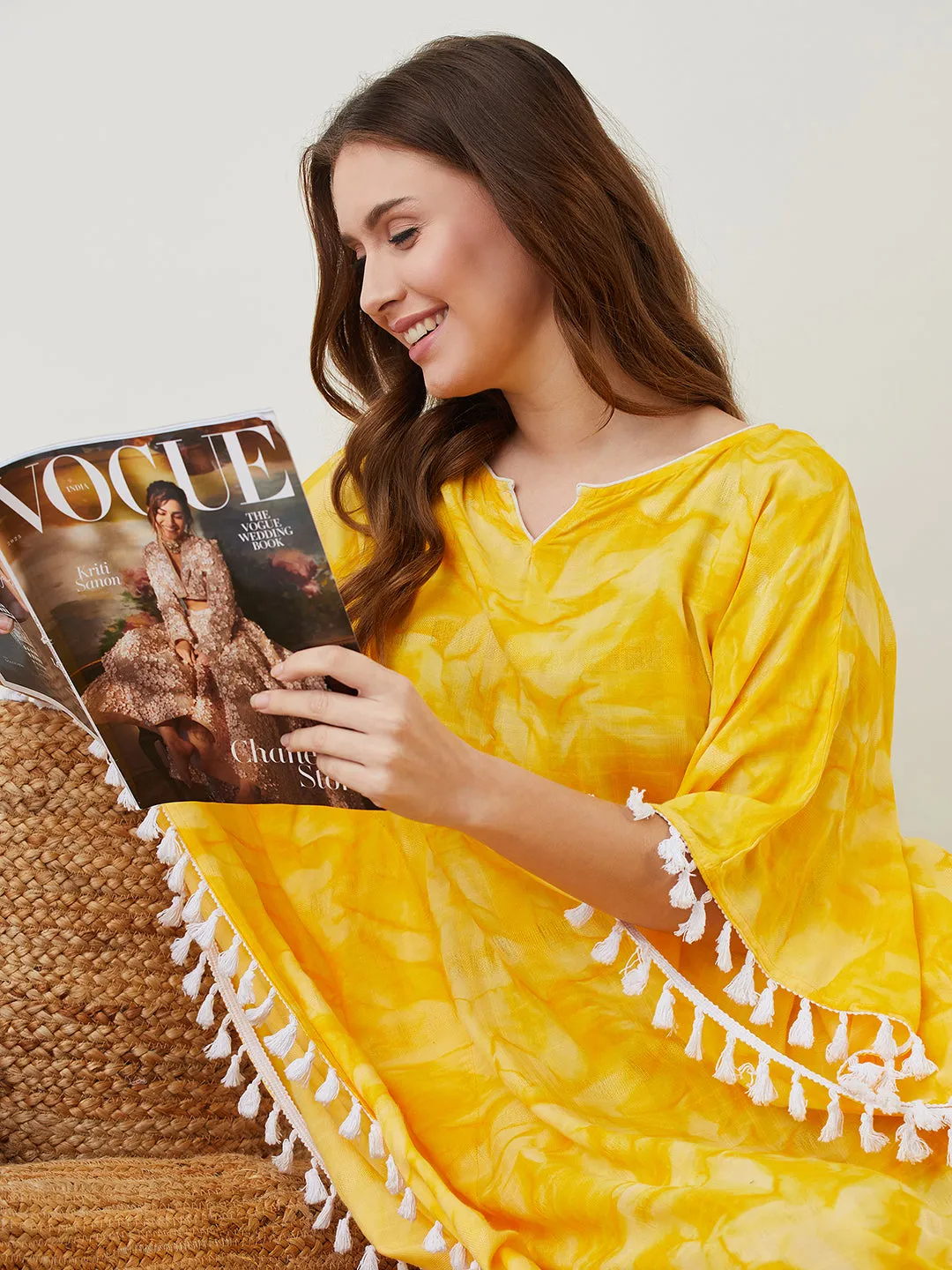 Yellow Tie-Dyed Fringed Kaftan